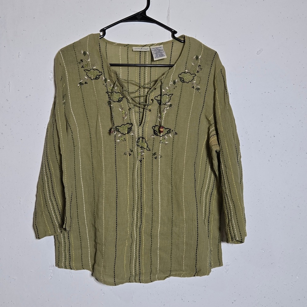 White Stag Womens Gauze Embroidered Top Medium Boho Hippie Cottage Peasant Y2K